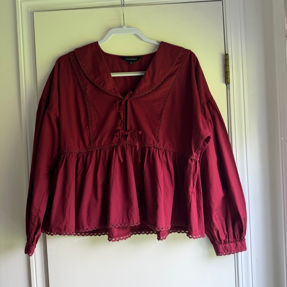Calligraphie Burgundy Cotton Peplum Blouse Lace Trim Tie Front L Womens